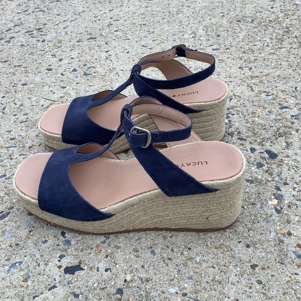 Lucky Brand Valki Navy Blue Suede Espadrille Wedge Sandals T-Strap Platform 8.5